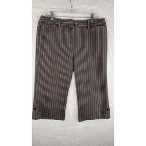 Larry Levine Pants Womens 12 Brown White Pinstripe Cropped Capri Stretch Casual